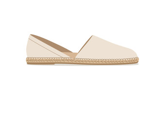 A flat illustration of a white espadrille shoe with a braided sole isolated on a white background