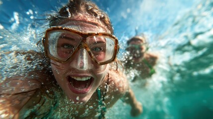 Fototapeta premium An exciting underwater shot of a joyful woman snorkeling, showcasing her excitement and freedom as she explores the vibrant underwater world with a playful expression and clear water.