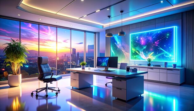 Whimsical office realm featuring enchanted quills scripting on vaporous screens, iridescent light streams illuminating sleek furniture, crisp