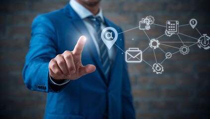 Business Professional Interacting with Networked Digital Icons – Symbolic Representation of Technology Integration, Automation, and Digital Transformation in Enterprise Systems