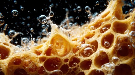 An artistic close-up of honeycomb showcasing its intricate structure filled with bubbles, creating an abstract representation of nature's beauty and its delicate forms.