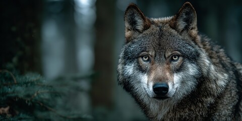 Fototapeta premium A wolf is standing in a forest.