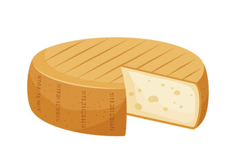 A round cheese with a wedge cut out The rind is textured with writing and small holes