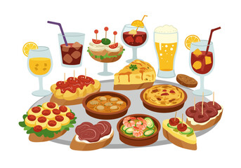 A spread of assorted drinks and tapas on a gray platter