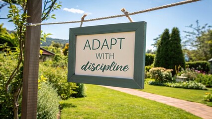 Inspirational Sign in a Sunny Garden: Adapt with Discipline Message