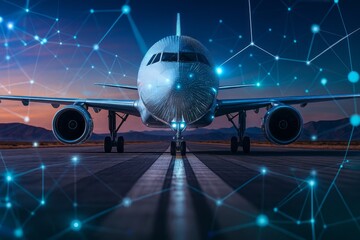 A futuristic airplane stands on the runway, bathed in the soft glow of the setting sun, with digital nodes and lines connecting, symbolizing advanced technology and global connectivity in aviation
