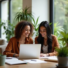 Two Women Collaborating on a Project Using a Laptop Surrounded by Plants