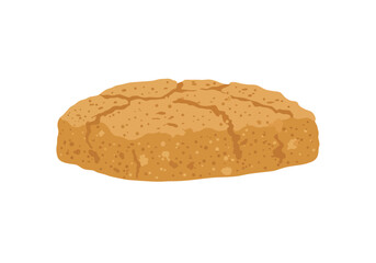 An isolated tancolored unevenly textured loaf of bread with surface cracks and an irregular shape