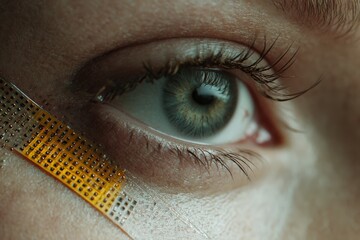 Nanotechnology-based wearable skin sensor, skin tone and amber yellow, health-monitoring close-up 
