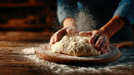 A focused moment capturing hands kneading dough on a rustic wooden board, with flour dusting the surface, highlighting the traditional art of bread-making and culinary passion.