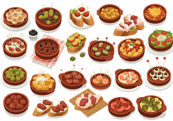 Assorted tapas bowls bread olives meat shrimp potatoes tomatoes and cheese arranged on a white background