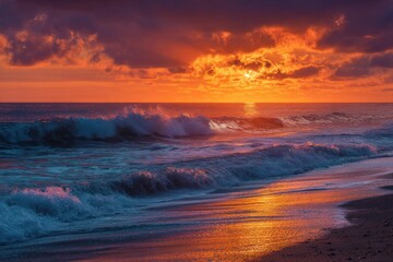 Dramatic sunset over ocean waves with vibrant orange and purple sky