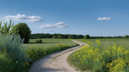 Naklejka premium Winding Road Through the Fields: A serene countryside scene unfolds with a dirt road meandering through vast, vibrant green fields under a bright blue sky, creating a sense of freedom and tranquility.