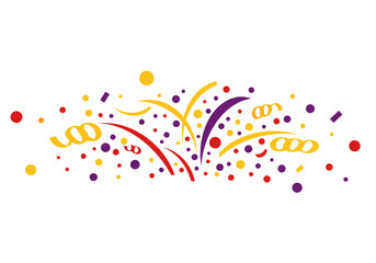 Confetti burst circles streamers  ribbons in red yellow  purple creating a festive celebratory graphic element