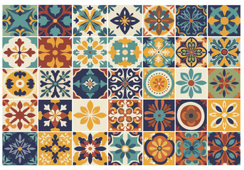 Colorful decorative tile pattern with floral and geometric motifs arranged in a grid