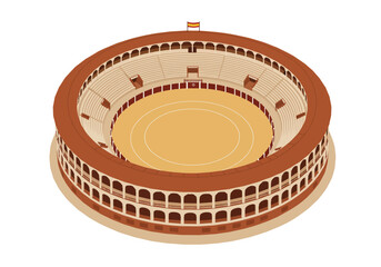 Isometric view of an outdoor bullring with tan sand  shaded seating topped with a small flag