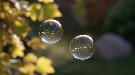 Dancing Bubbles: Two iridescent bubbles float gracefully in mid-air, reflecting the world around them in a captivating dance of light and color. Capturing moments of childhood and innocent play.