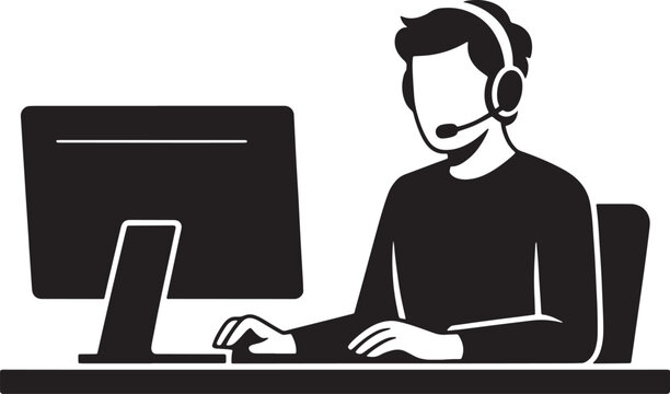 Silhouette of a Person with Headset Working on Computer at Desk Vector Graphic Design