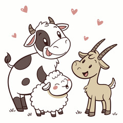 Vector art of charming cartoon farm animals a loving cow, a sweet sheep, and a friendly goat share a heartwarming moment, surrounded by gentle hearts, , ideal for childrens content