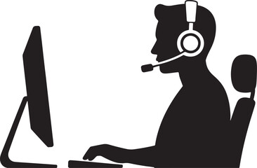 Silhouette of a Customer Service Representative with Headset Working on Computer Vector Illustration