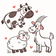 Vector art of delightful cartoon farm animals a charming cow, a fluffy sheep, and a playful goat create a heartwarming scene, adorned with gentle hearts, perfect for childrens illustrations