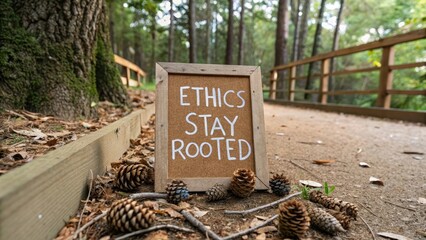 Inspirational Sign on Trail with Pine Cones in Forest Setting