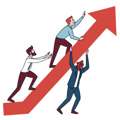 Fototapeta premium Vector art of teamwork and collaboration concept a group of business people pushing an arrow upwards, symbolizing shared effort and success
