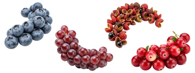 A collection of fresh berries and spices, including blueberries, grapes, cranberries, and sichuan peppercorns.