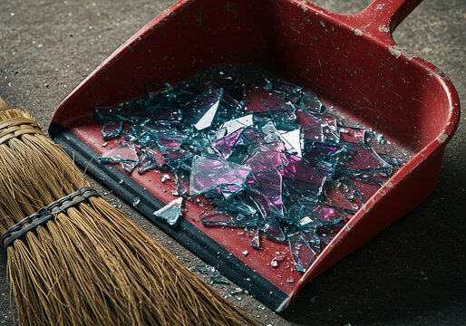 Broken glass in dustpan - Powered by Adobe