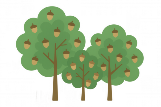Oak trees producing abundant acorns, illustrating growth and nature on transparent background