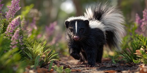 A black and white striped skunk is standing on the ground