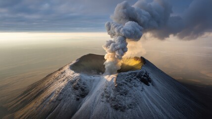 Erupting Volcano Spews Ash and Smoke into the Sky at Sunrise