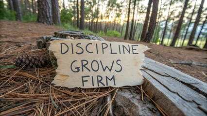 Inspirational Sign on Wooden Log Surrounded by Nature at Sunset