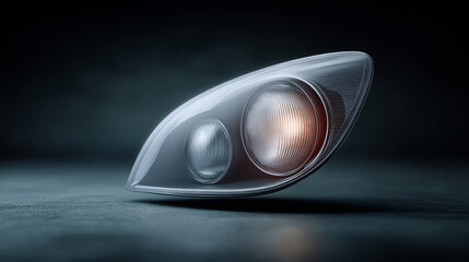 Modern car headlight lens assembly with amber turn signal illuminated against dark automotive background
