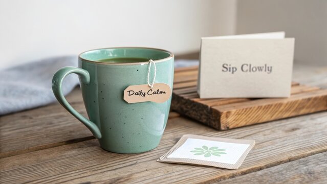 Morning Coffee with Tea Bag and Inspirational Message on Table - Powered by Adobe