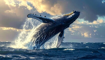 A majestic humpback whale soars out of the ocean in a powerful breach, splashing water against a dramatic, cloudy sky