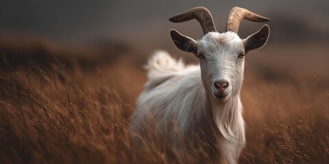 Fototapeta premium A goat is standing in a field of tall grass