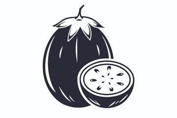 Minimalist Eggplant with Slice on White Background Icon Design