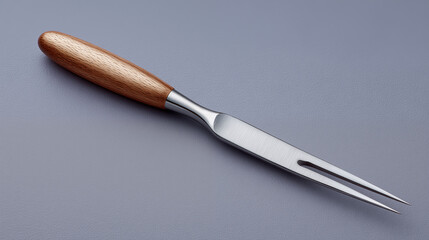 Wooden handled carving fork with stainless steel tines on gray surface for culinary and kitchen preparation