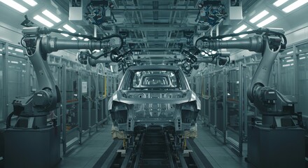 Fototapeta premium Automated Automotive Production Factory Industrial Robotics System