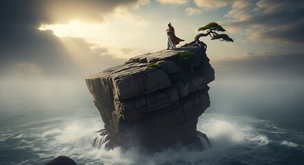 Solitary figure atop coastal rock formation gazing into ethereal seascape under dramatic sky