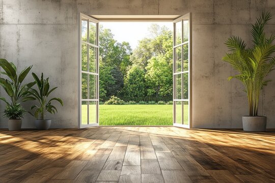 A spacious room bathed in natural light, showcasing a wide open view of a lush garden landscape through a set of large windows.
