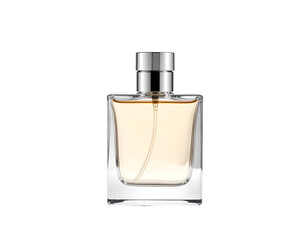 A clear, square glass perfume bottle with a silver cap and a light amber liquid inside, set against a black background
