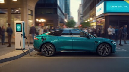 Electric Car Charging Station in a Bustling City Street at Dusk