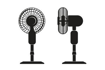 Vector illustration of electric standing fan in front and side view, isolated on white background. Simple household appliance silhouette design, perfect for cooling, home appliances and electronics.