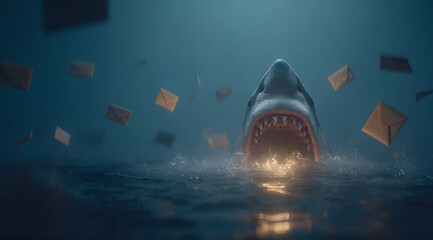 Scam emails, flooded email inbox with phishing attempts and potential hack, email hacking concept, it security risk, encryption and hacking, spam and safety