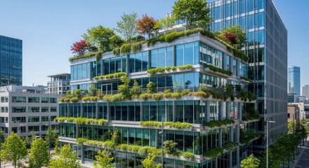 A multi-story building with extensive green terraces and a rooftop garden featuring large glass facades surrounded by other modern urban structures under a clear sky