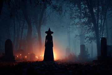 Halloween witch standing in graveyard with tombstones at night, Halloween mystery concept