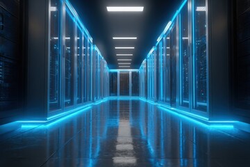Server room with fiber optics connected to telecom grid, digital blue and matte silver, future-proof infrastructure 