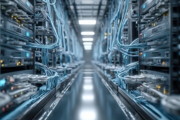 Server room with fiber optics connected to telecom grid, digital blue and matte silver, future-proof infrastructure 
